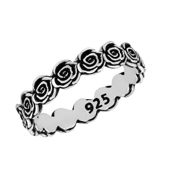 Sweet Blooming Roses Eternity Linked Band .925 Sterling Silver Ring-8