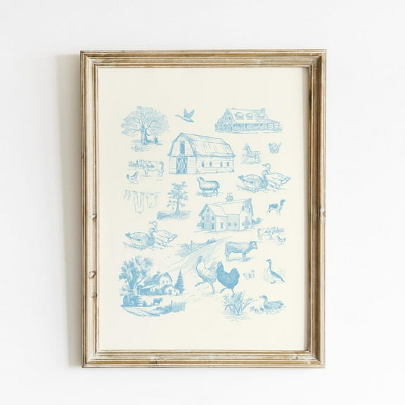 Sweet Blue Farm Life Toile Illustration Print, Trendy Decor, Abstract Vintage Painting, Vertical, Cottage Wall Art, Modern Wall Decor For Living Room, 8x12 UNFRAMED