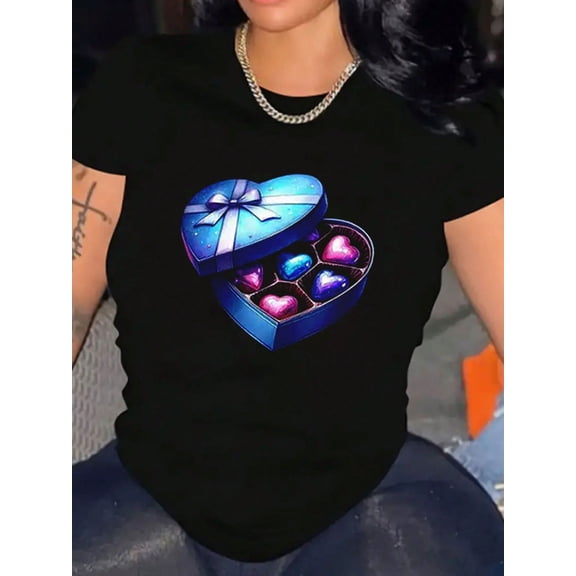 Sweet Blue Heart Box Valentine's Day Gift Women Short Sleeve Graphic T-Shirt
