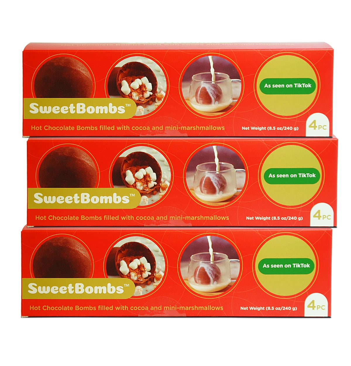 Sweet Bombs Hot Chocolate Bombs, Rich Milk Chocolate, Hot Cocoa Powder, and Mini Marshmallows, Just Add Warm Milk, Made in North America, 3 Gift Boxes of 4pcs/box, 3-pack