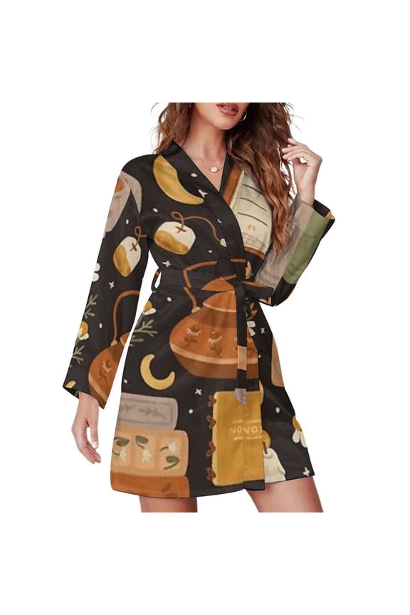 Sweet Bookish Dreams Night Robe Long Sleeve V Neck Robe With Belt Women's Sleepwear Dresses