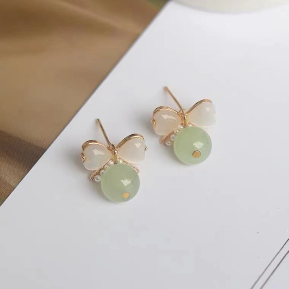 BAUT Sweet Bow Earrings Lovely Alloy Jade Pearl Stud Earring Korean Style Earrings Women Dangle Earring Fashion Jewelry GREEN