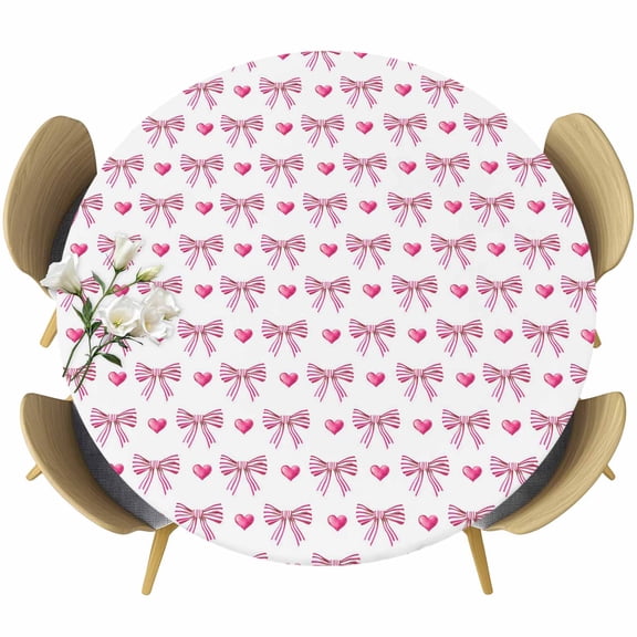 Sweet Bow Striped Round Tablecloth, Fitted Table Cover with Elastic for 55"-60" Round Tables, Pink Love Modern Preppy Aesthetic Table Cloth Outdoor Indoor Dinning Party Waterproof Tablecloths