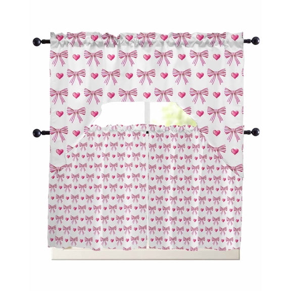 Sweet Bow Striped Swag Kitchen Curtains Sets for Windows 24 Inch Length, Pink Love Modern Preppy Aesthetic Short Window Curtain Panels Swags Valances and Tiers 3 Piece Set for Cafe/Dining Room