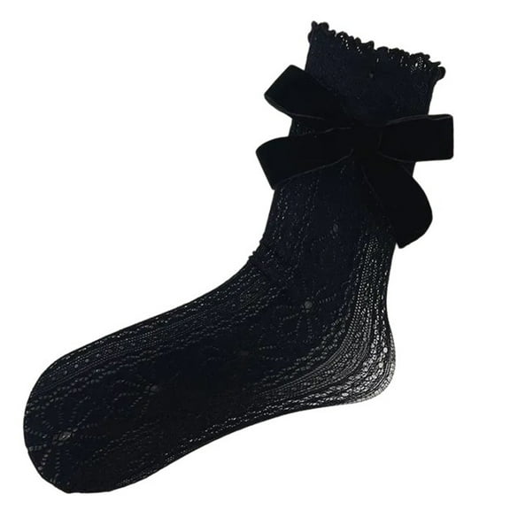 Sweet Bowknot Hollowed Out Ruffle Frilly Ankle Socks for Women Girls Japanese Flower Lace Middle Tube Calf Socks