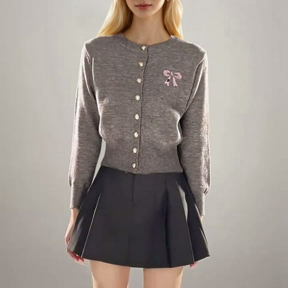 Sweet Bowknot Long Sleeve Knitted Cardigan For Women Unique Gray Sweater Coat For Fall And Winter Fashion plus Size Short Sweaters for Women Clothes Leopard for Women Lightweight Summer Cardigans