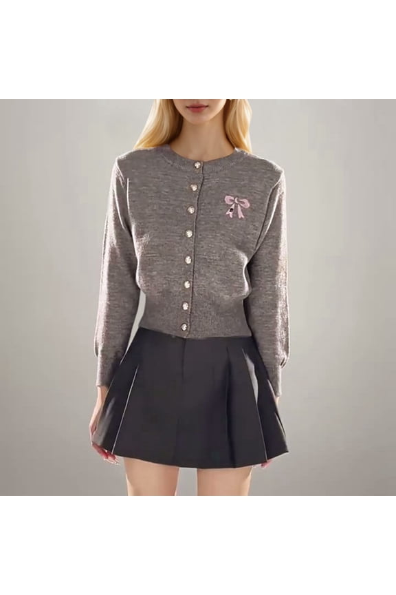 Sweet Bowknot Long Sleeve Knitted Cardigan For Women Unique Gray Sweater Coat For Fall And Winter Fashion plus Size Short Sweaters for Women Clothes Leopard for Women Lightweight Summer Cardigans