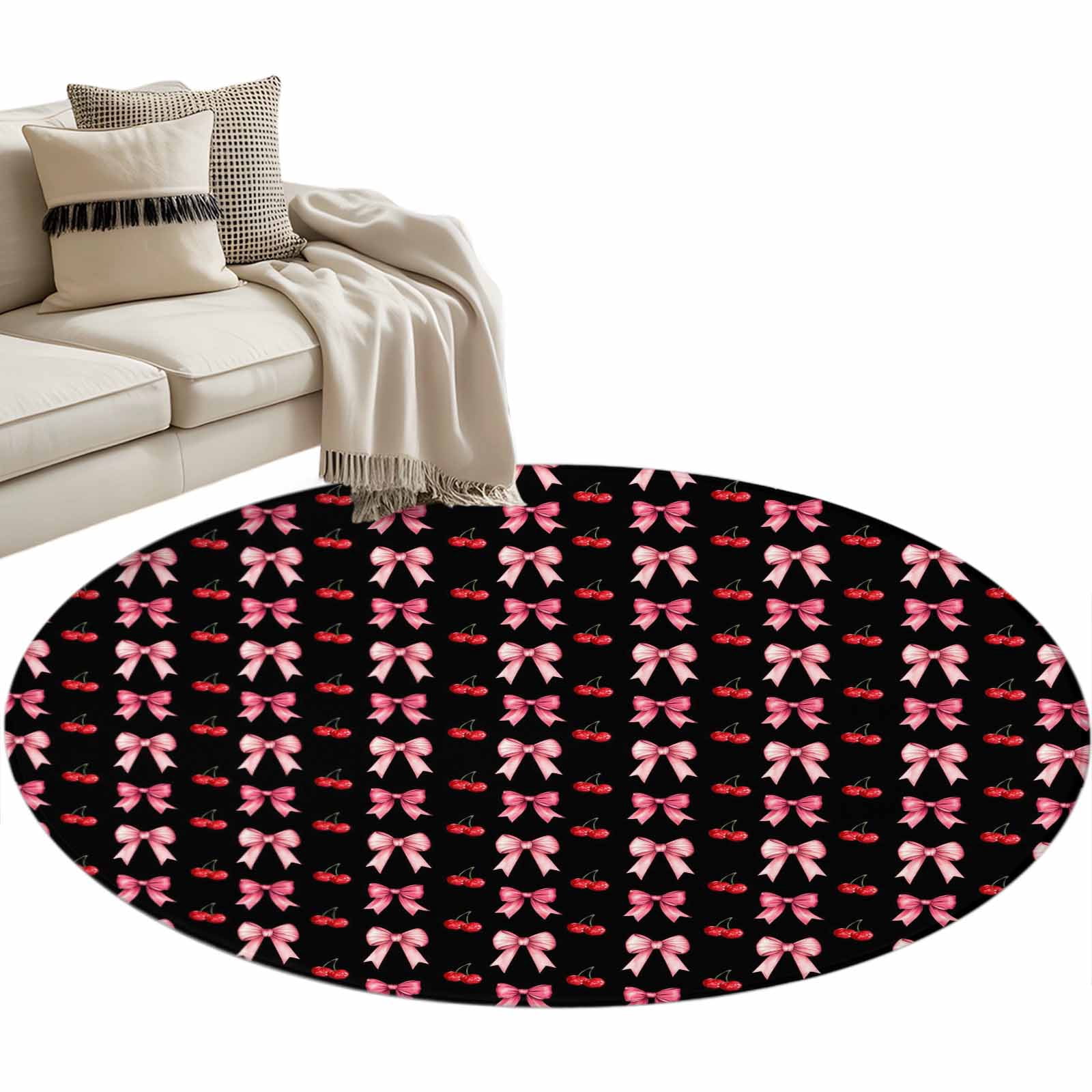 Sweet Bows Area Rug, Pink Bow Red Cherry Black Background Washable ...