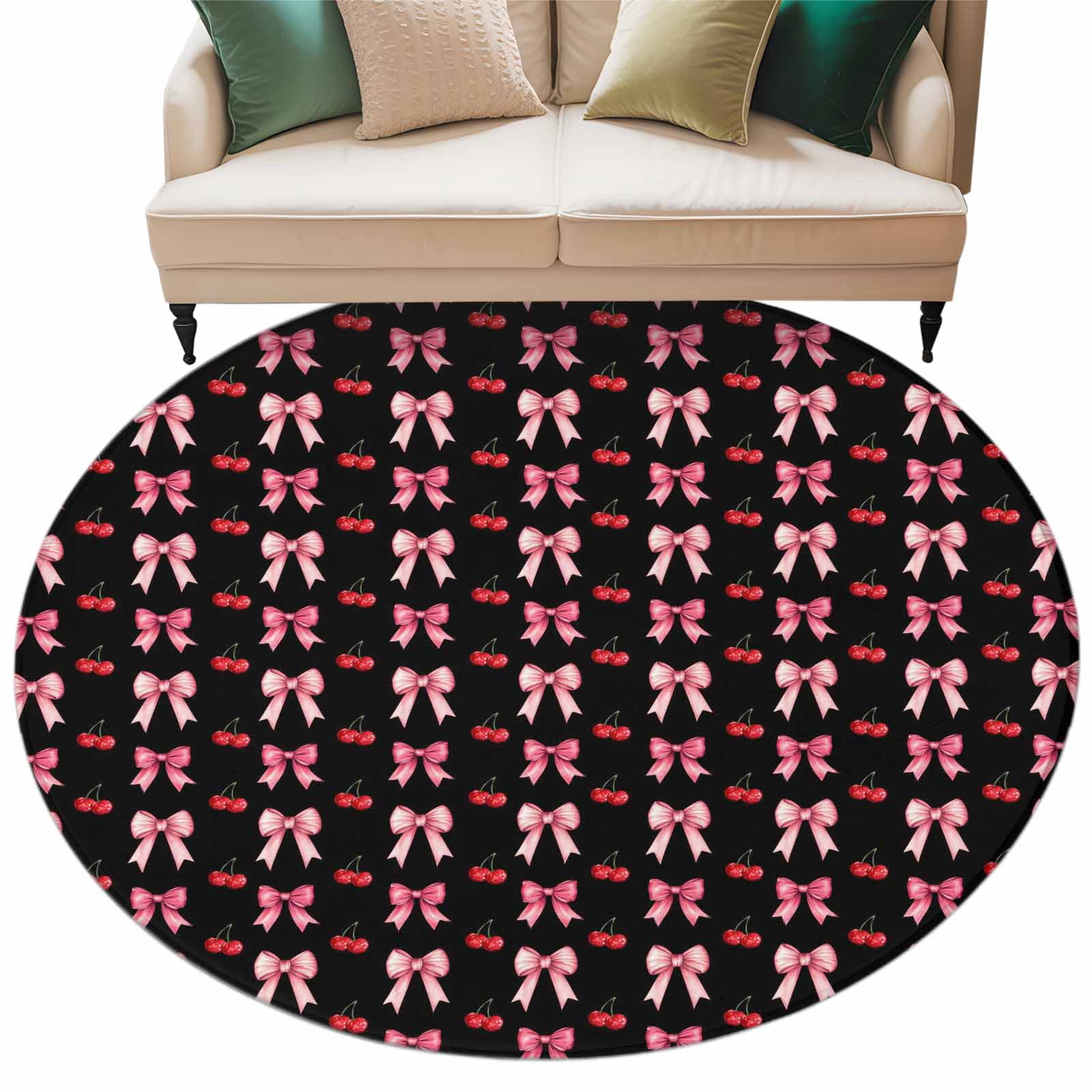 Sweet Bows Area Rug, Pink Bow Red Cherry Black Background Washable ...