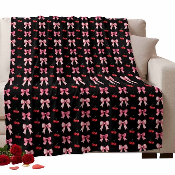 Sweet Bows Fleece Throw Blanket Lightweight Pink Bow Red Cherry Black Background Fuzzy Flannel Throws Super Soft Cozy Flannel Blanket for Couch, Sofa, Bed, Travel 60"x80"
