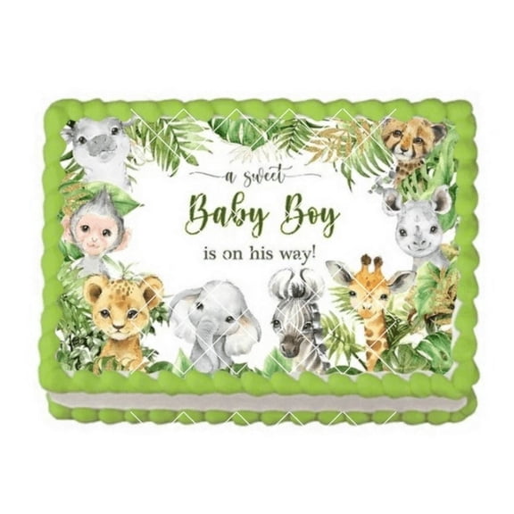 Sweet Boy is on his Way Jungle Theme Edible Icing Image Cake Topper, by Tnct.