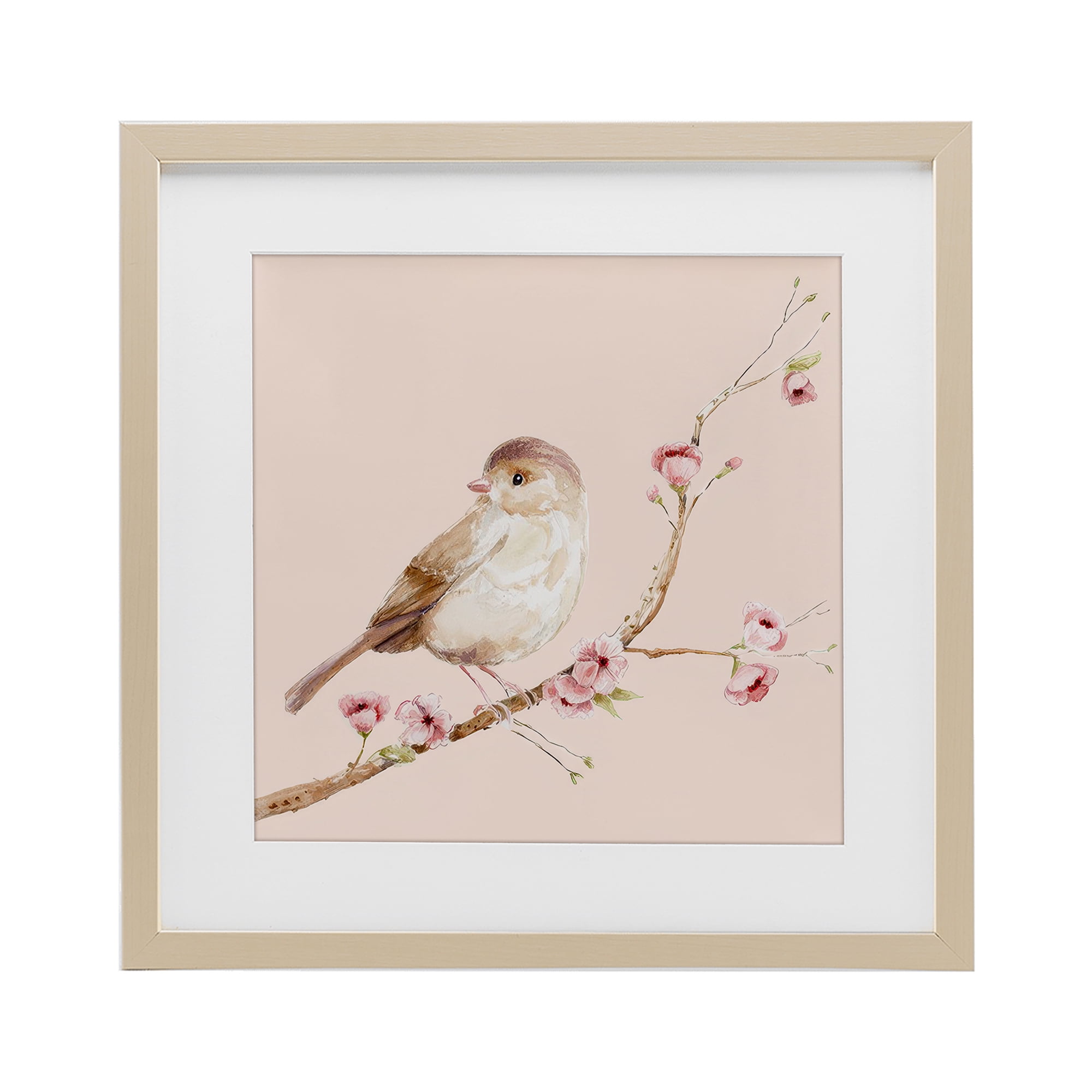 Sweet Brown Bird Perched Birch Framed Print Under Glass, design by Lisa Wehmeyer