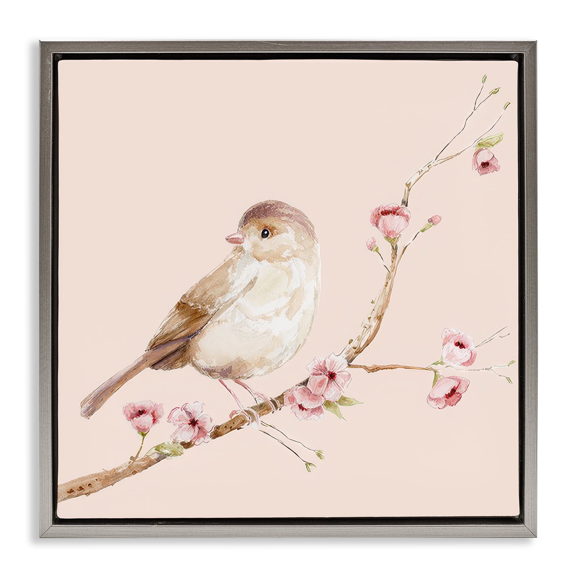 Sweet Brown Bird Perched Gray Framed Floater Canvas Wall Art, design by Lisa Wehmeyer