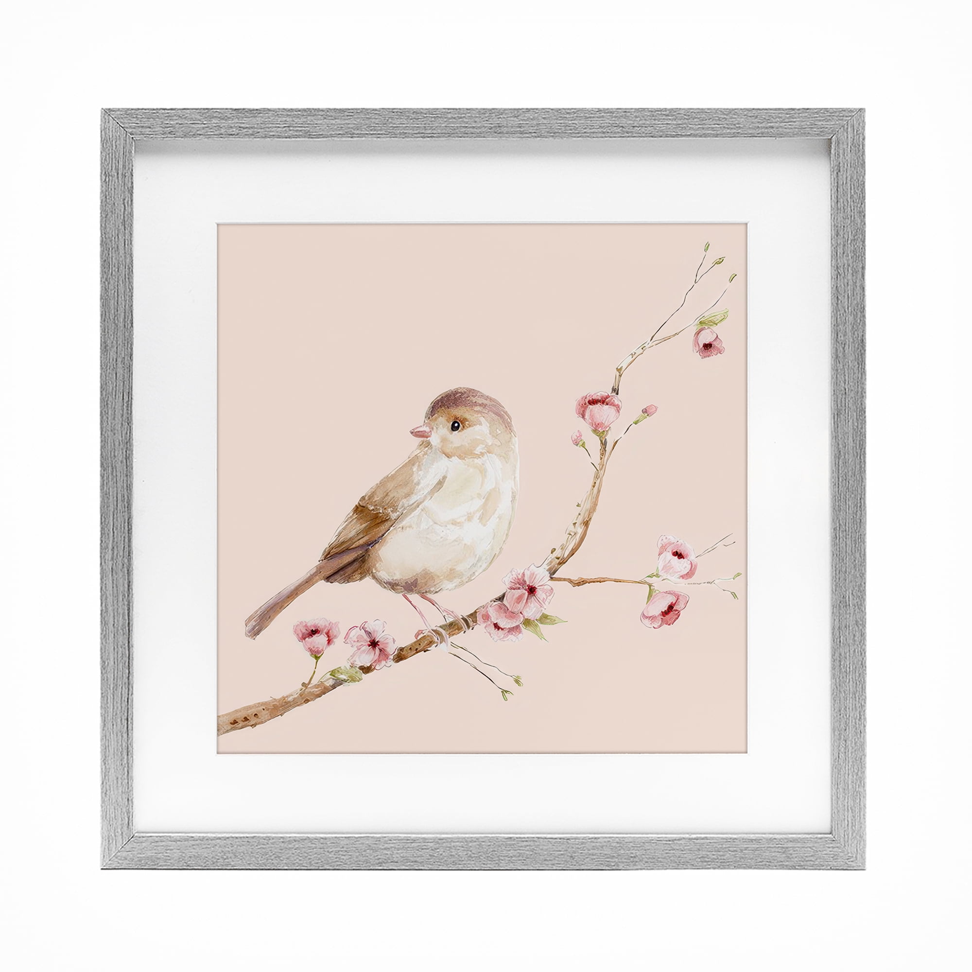 Sweet Brown Bird Perched Gray Framed Print Under Glass, design by Lisa Wehmeyer
