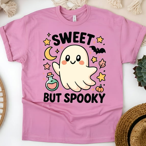 Sweet But Spooky Ghost Graphic Tee Cute Cartoon Unisex T-Shirt, Azalea, Size L