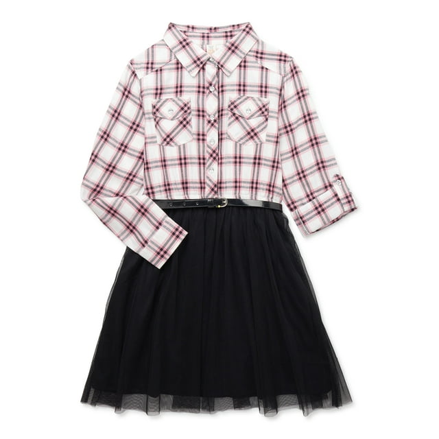 Sweet Butterfly Girls Long Sleeve Plaid and Tulle Dress, Sizes 4-16