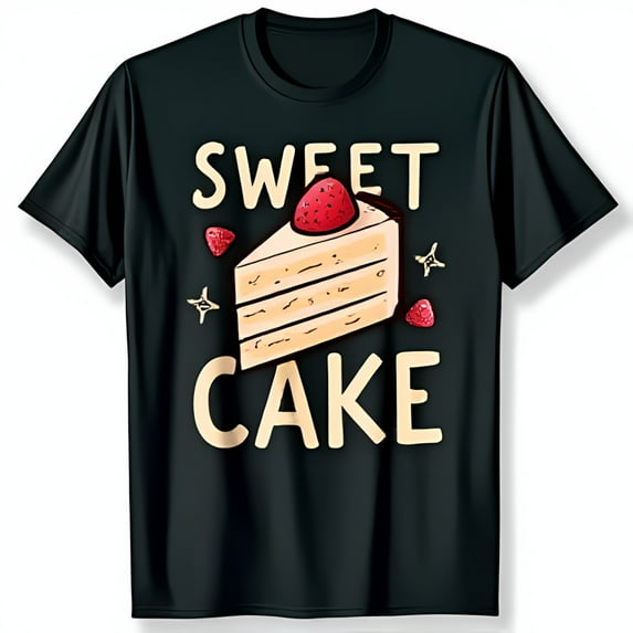 Sweet Cake Cartoon Black T-Shirt with Strawberry Design Fun Graphic Tee