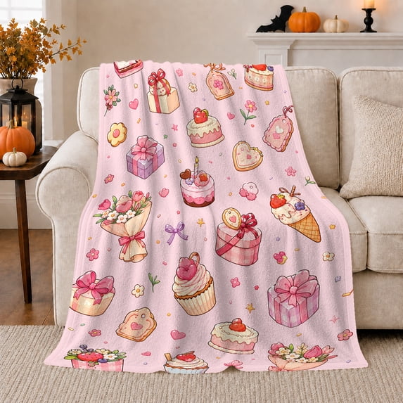 Sweet Cakes Boxes Pattern Cheerful Whimsical Art, Cozy Friendship Quote Scene, Warm Flannel Blanket for Living Room and Reading Nook, Art Lovers Appreciation Gift, Artistic Home Decor