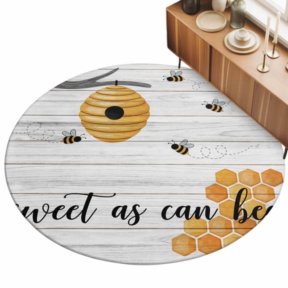 Sweet as Can Bee Area Rugs 5' (Round) Honeycomb Vintage White Wood Grain Floor Rug&nbsp;Non Slip Low Pile Ultra Soft Throw Carpet for Entryway Indoor Entrance Kitchen Bathroom