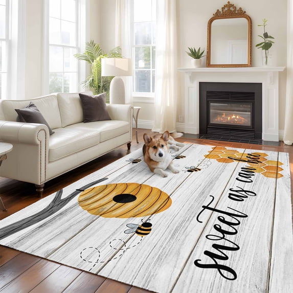 Sweet as Can Bee Area Rugs 5x7 ft Honeycomb Vintage White Wood Grain Washable Rug Non Slip Indoor Carpet Absorbent Floor Mat for Living Room Bedroom Dining Room