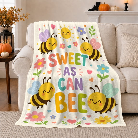 Sweet As Can Bee Cartoon Garden, Cozy Friendship Quote Scene, Warm Flannel Blanket for Living Room and Reading Nook, Art Lovers Friendship Gift, Playful Home Decor