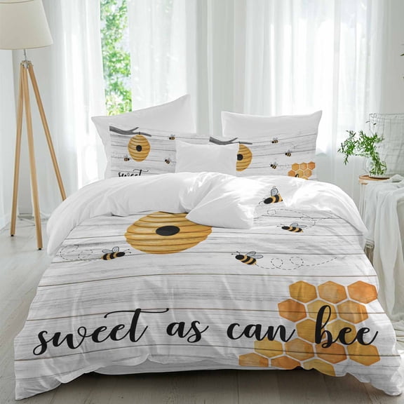 Sweet as Can Bee Comforter Set Twin Size, Honeycomb Vintage White Wood Grain Soft Bedding Set for Man Woman, 4 Pieces Duvet Cover Set with Fitted Sheet, 2 Pillowcases