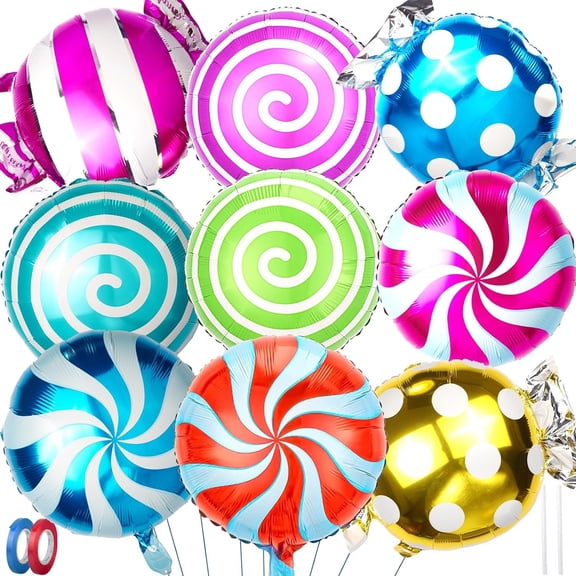 Sweet Candy Balloons 9 count 18in Foil Balloons - Christmas Birthday Halloween Party Decorations, Round & Candy Balloon for Shower Supplies | Durable,Quick Setup (Style1, 9)