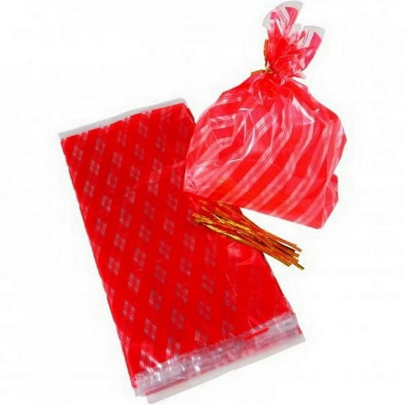 Sweet Candy Cane Christmas Treat 11" Plastic Favor Bags, 12 CT, Red Transparent