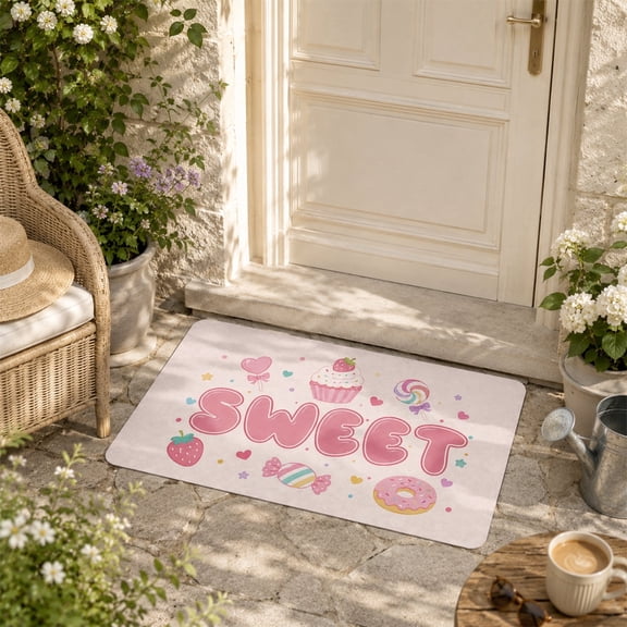 Seeyoo Sweet Print Sweet Candy Theme White Rubber and Polyester Fiber Bath Mat, 16'x 24', Non-Slip Absorbent Quick Dry