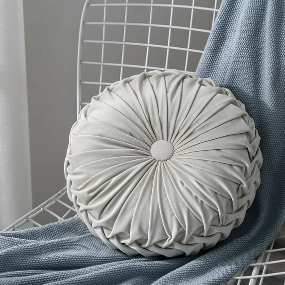 Sweet Candy Velvet Pleated Round Pumpkin Throw Pillow Couch Cushion Floor Pillow Decorative For Home Chair Bed Car 13.7 Inch (White)