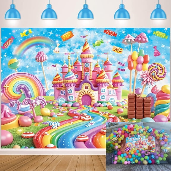 Sweet Candyland Backdrop Rainbow Castle Lollipop Ice Cream Candy Photography Background Girl Princess Birthday Baby Shower Party Cake Table Decorations Banner Photo Booth Props