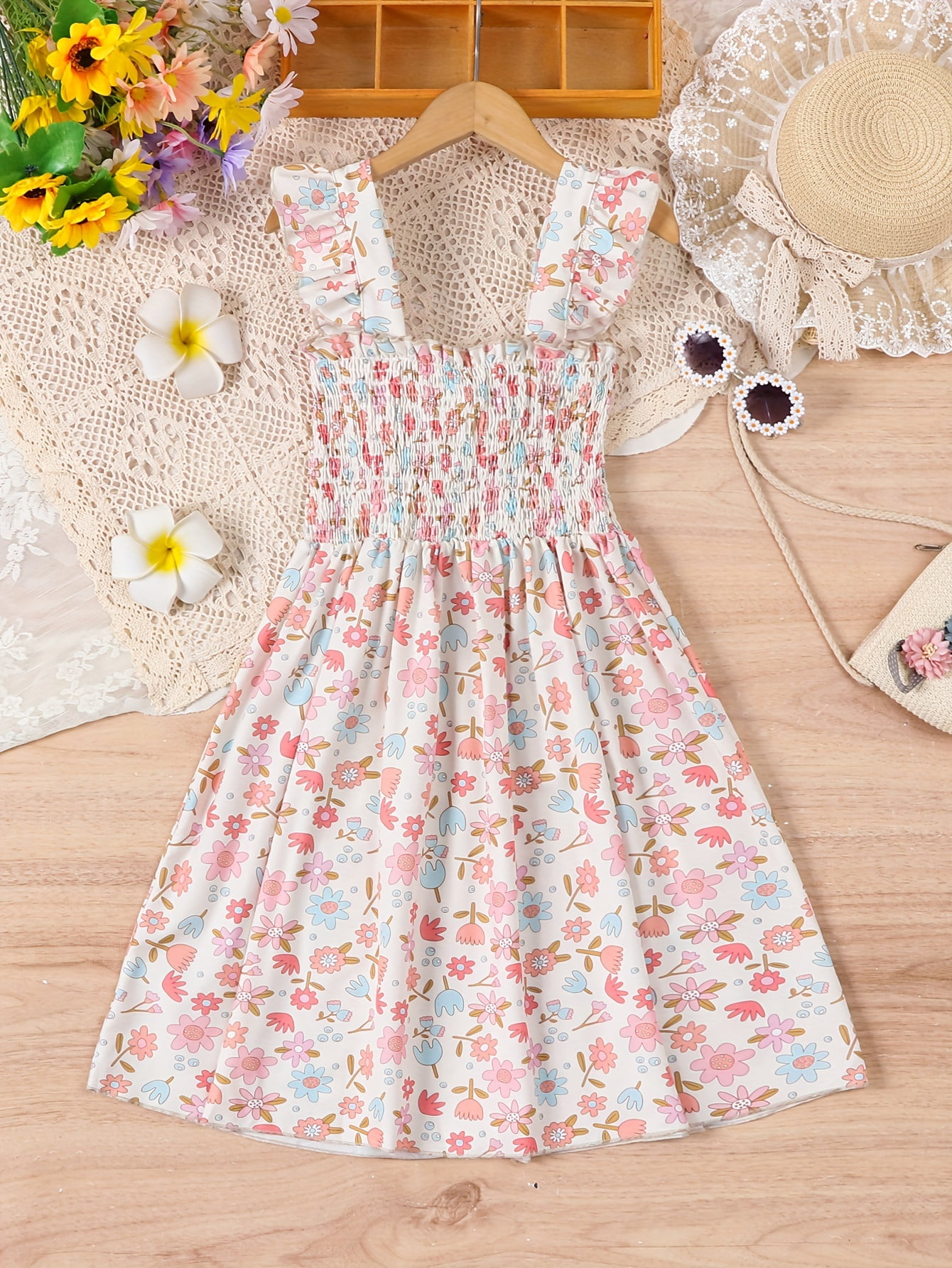 Summer Arrival Cartoon Pattern Fly Sleeves Single Breasted Denim Dress for Stylish Girls