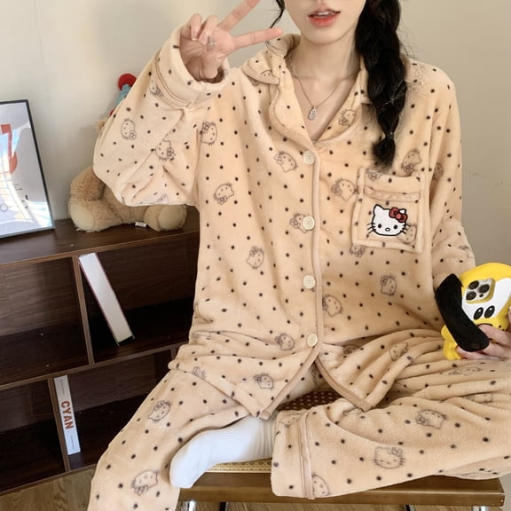 Sweet Cartoon Kitty Cat KRM Cinnamoroll Autumn Winter Flannel Warm Casual Long-sleeved Pajama Two-piece Set Women's Loungewear Set