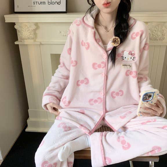Sweet Cartoon Kitty Cat KRM Cinnamoroll Autumn Winter Flannel Warm Casual Long-sleeved Pajama Two-piece Set Women's Loungewear Set