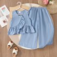 thumbnail image 1 of Sweet & Casual Light Blue Kids Outfit Set: Pearl - Decorated Sleeveless Top + Wide - Leg Pants  Summer、Casual Wear、Ruffle Detail, 1 of 8