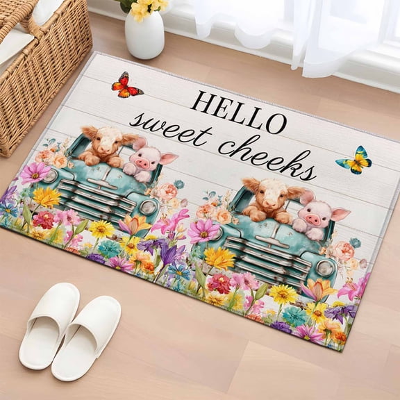 Sweet Cheeks 2'x3' Rug for Entryway Front Door Kitchen Sink Area, Farmhouse Flowers Cars Cows Pigs Wood Grain Low Pile Washable Non Slip Rectangle Area Rug