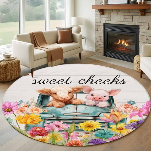 Sweet Cheeks 8' Round Rug for Open Concept Living Room Seating Zone, Farmhouse Flowers Cars Cows Pigs Wood Grain Washable Non Slip Large Circle Area Rug