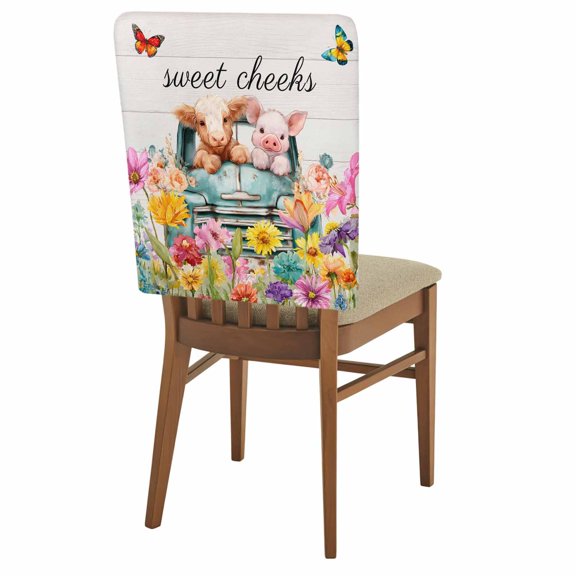 Sweet Cheeks Chair Back Covers Set of 8 Farmhouse Flowers Cars Cows Pigs Wood Grain Removable Dining Chair Slipcovers Washable Seat Protector for Restaurant Party Banquet Kichen Decor