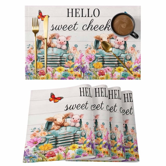Sweet Cheeks Placemats Set of 1, Farmhouse Flowers Cars Cows Pigs Wood Grain Non-Slip Place Mats Washable Table Mats for Kitchen Dining Table Decorations Indoor/Outdoor