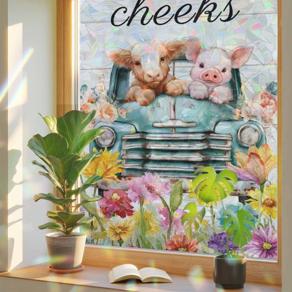 Sweet Cheeks Window Privacy Film, Farmhouse Flowers Cars Cows Pigs Wood Grain Stained Glass Rainbow Film Decorative Window Clings, Static Cling Sun Blocking Stickers 17.7" x 39.3"