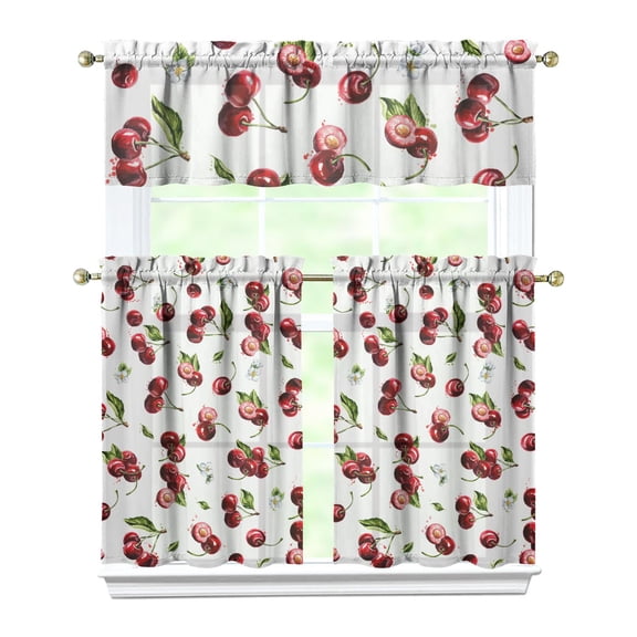 Sweet Cherry Lover Kitchen Curtains Set, Red and Pink Fruit Pattern Tier and Valance, Cute Candy Style Print with Artistic Illustration for Kitchen Window Decor