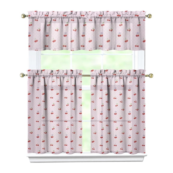 Sweet Cherry Lover Kitchen Curtains Set, Red and Pink Fruit Pattern Tier and Valance, Cute Candy Style Print with Artistic Illustration for Kitchen Window Decor