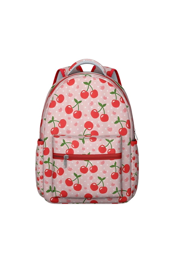 Students Backpack Red Cherry Fruit Pattern with Cute Aesthetic Print, Fun Art Style, and Playful School Bag Design