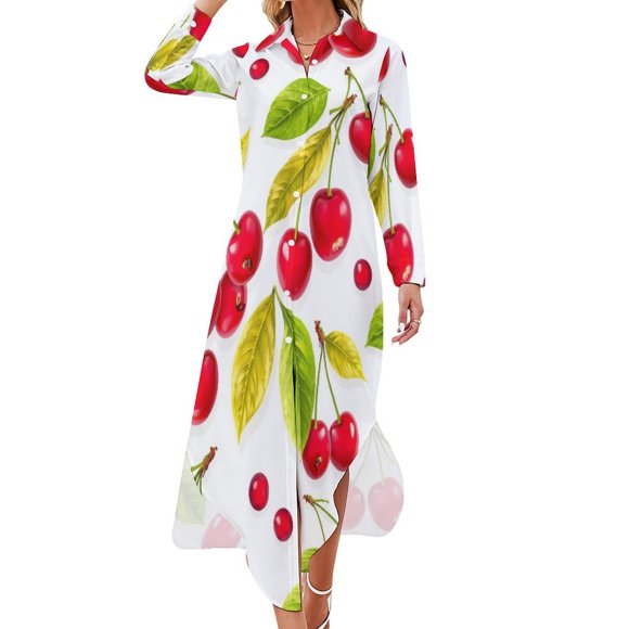 Sweet Cherry Pattern Chiffon Dress V Neck Dresses Female Casual Dress Birthday Gift