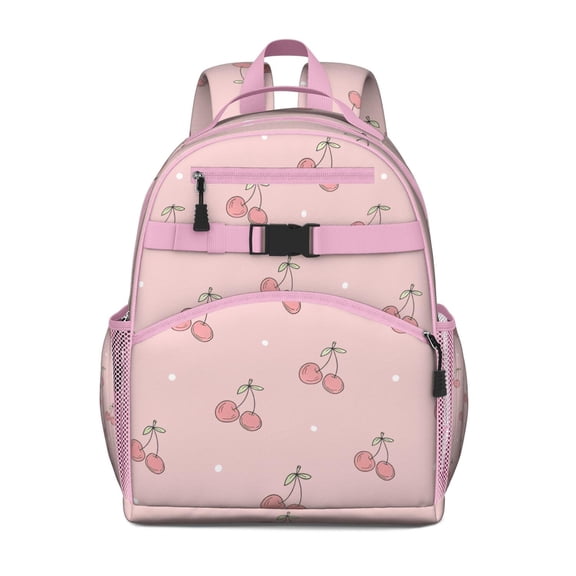 Sweet Cherry Pattern Waterproof Backpack - Lightweight Spine-Protecting Book Bag with Adjustable Chest Strap for Daily Commuters