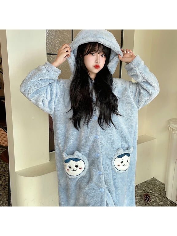 Sweet Chiikawa Hachiware Autumn Winter Pajamas Hooded Robe Anime Coral Fleece Warm Indoor Thicken Long Length Homewear