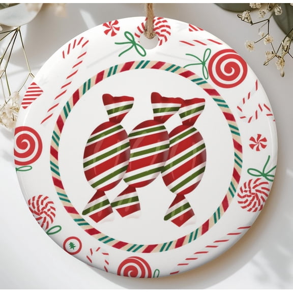 Sweet Christmas Candy Cane Ornament Festive Holiday Tree Decor Whimsical Red Green Striped Candy Decoration Gift For Family & Friends 2D FLAT Ceramic Ornament