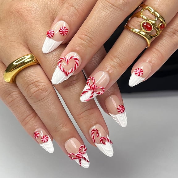 Sweet Christmas Cheer Medium Almond Press-On Nails with Cozy Sweater Texture and Candy-Inspired French Tips – Perfect Gift for Her