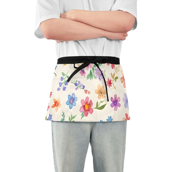 Sweet Colorful Florals Short Server Apron with 3 Pockets for Unisex Chef Gardening