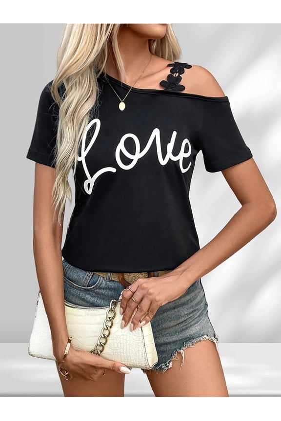 Sweet Cool Style Black Base Love Handwritten Printed T-shirt with One Side Off Shoulder Butterfly Decoration for Slimming Short Sleeved Women